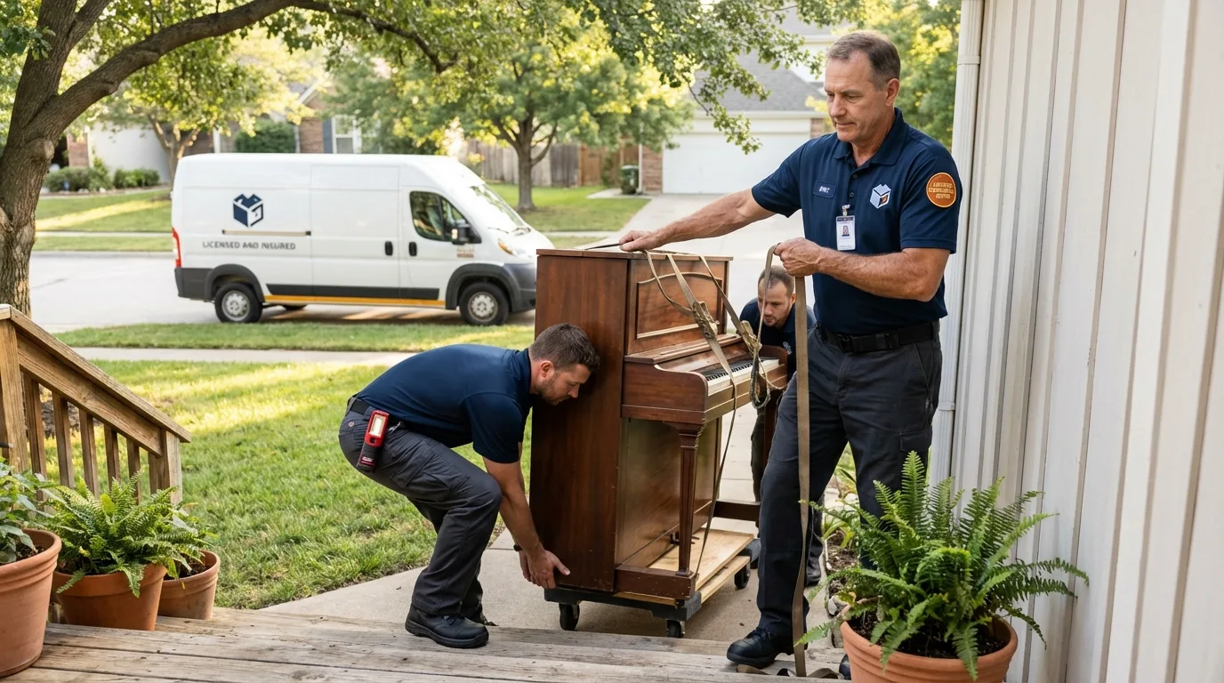 Licensed piano movers securing grand piano in Sun City Center, FL