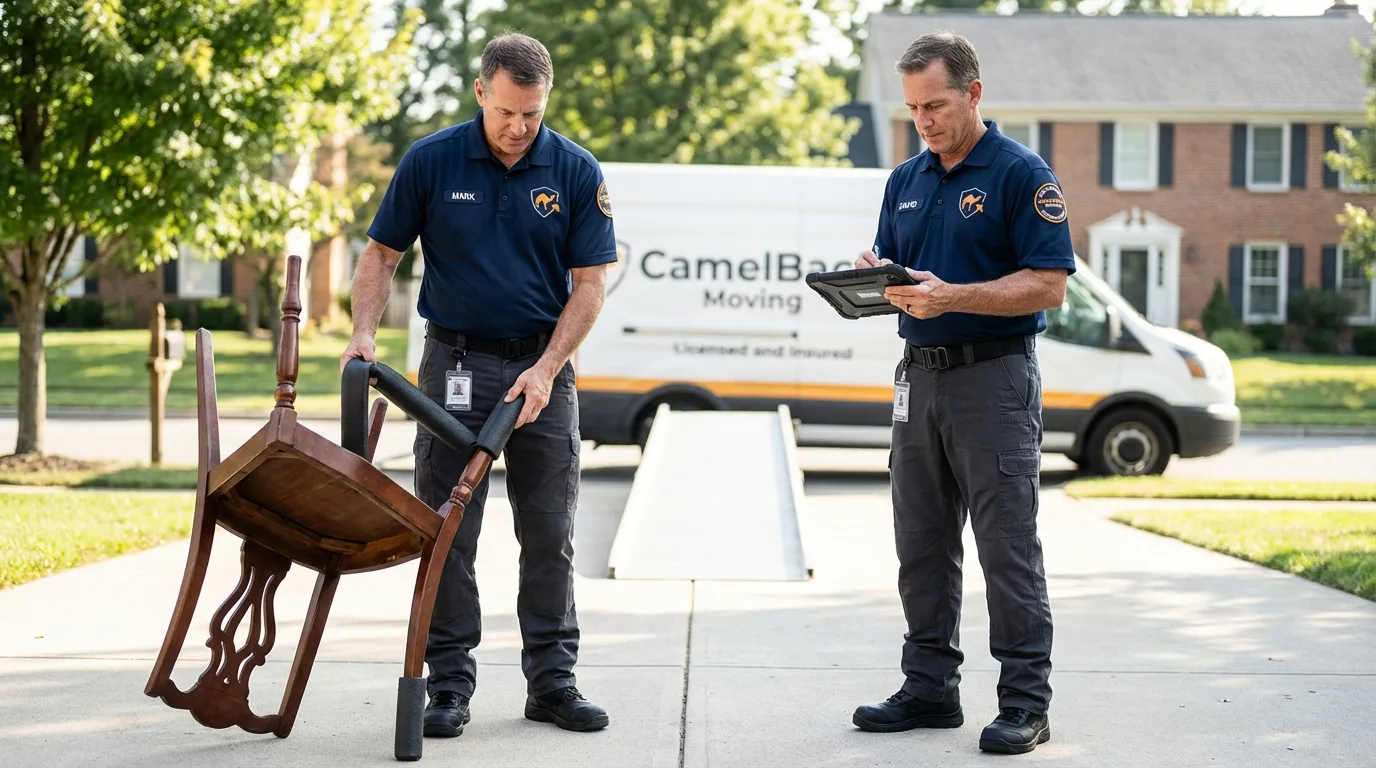 Movers inspecting furniture for damage prevention before loading in Sun City Center, FL
