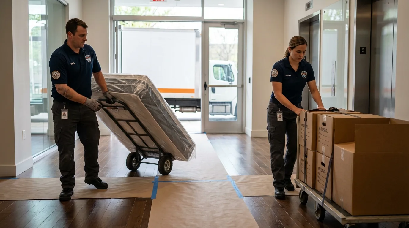 Professional apartment movers loading elevator in Sun City Center, FL