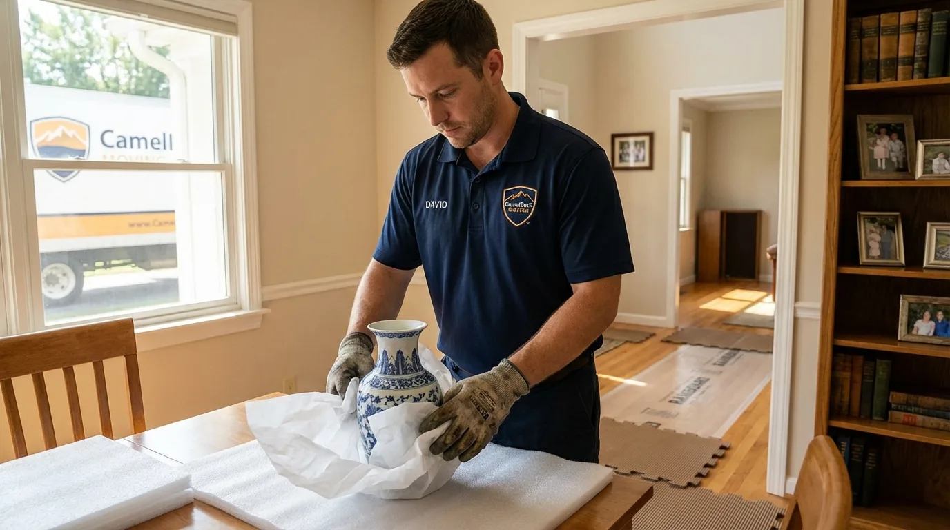 Professional crew carefully wrapping antique vase for senior downsizing move in Sun City Center, FL